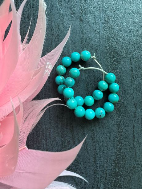 Chunky Turquoise Beaded Hoop Earrings, 25 - 30 mm - LeSilveStone
