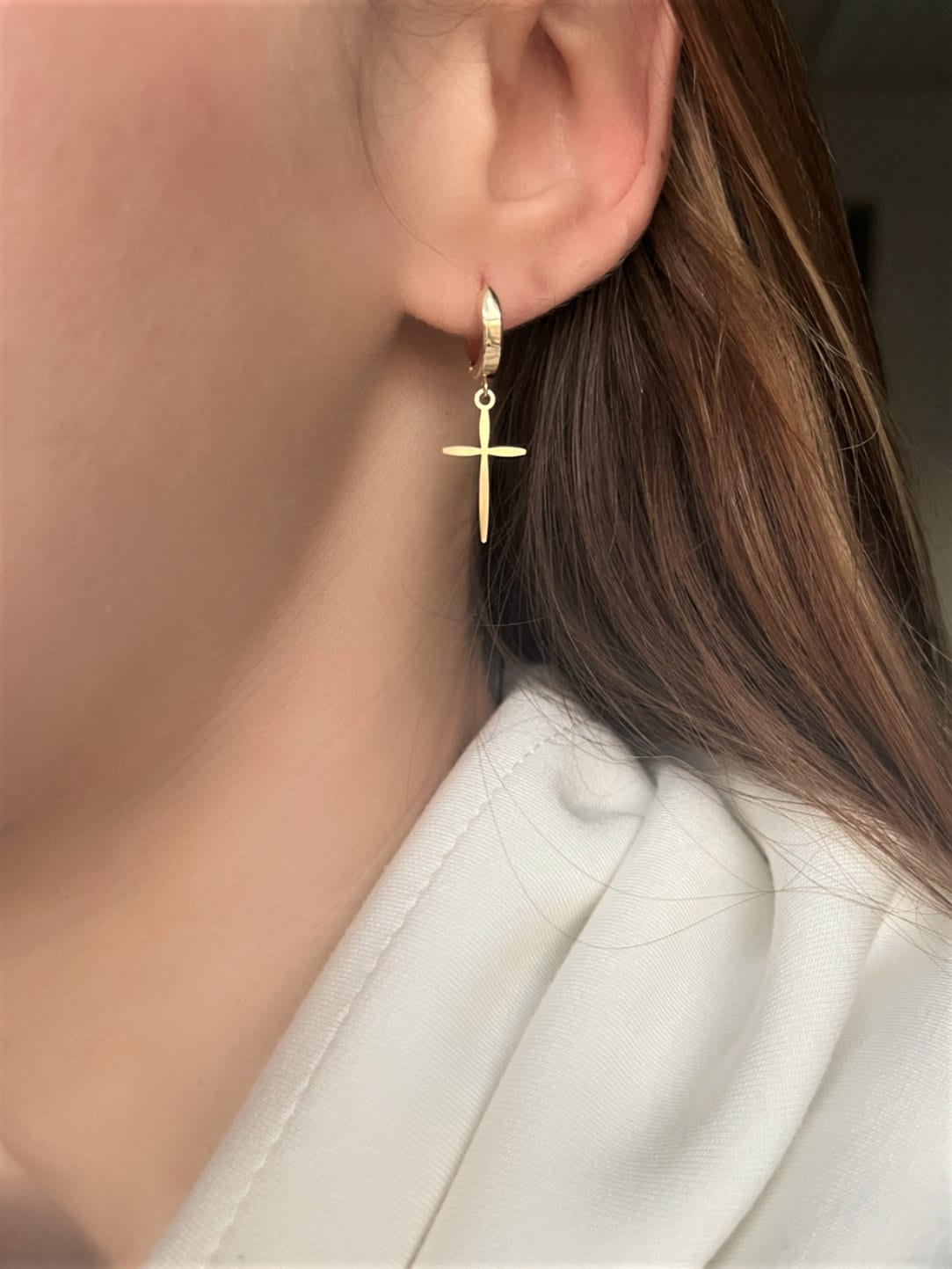 Classic Cross Wide Huggie Hoop Earrings in 14K Gold - LeSilveStone