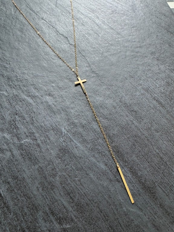 Dainty Gold Cross Lariat Necklace - LeSilveStone