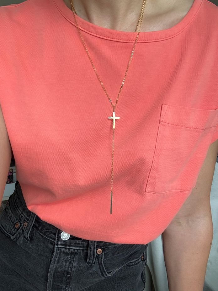 Dainty Gold Cross Lariat Necklace - LeSilveStone
