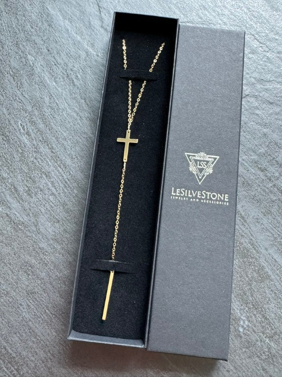 Dainty Gold Cross Lariat Necklace - LeSilveStone