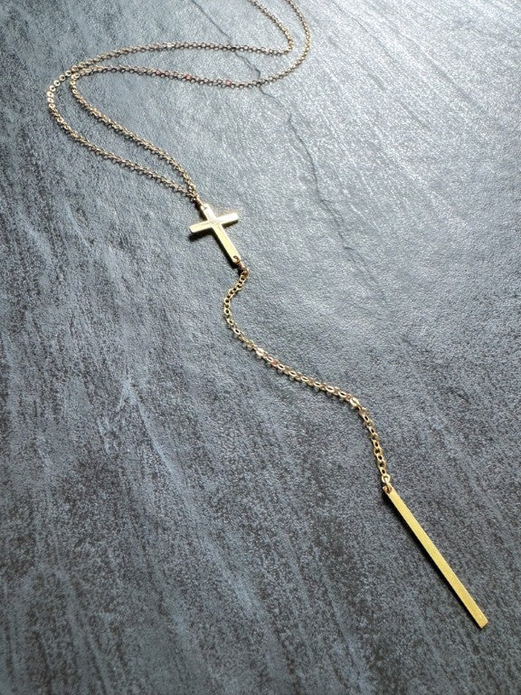 Dainty Gold Cross Lariat Necklace - LeSilveStone