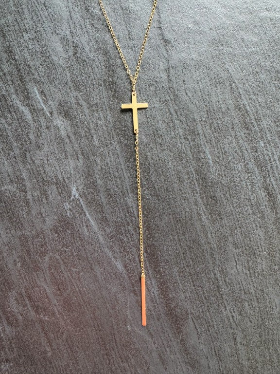 Dainty Gold Cross Lariat Necklace - LeSilveStone