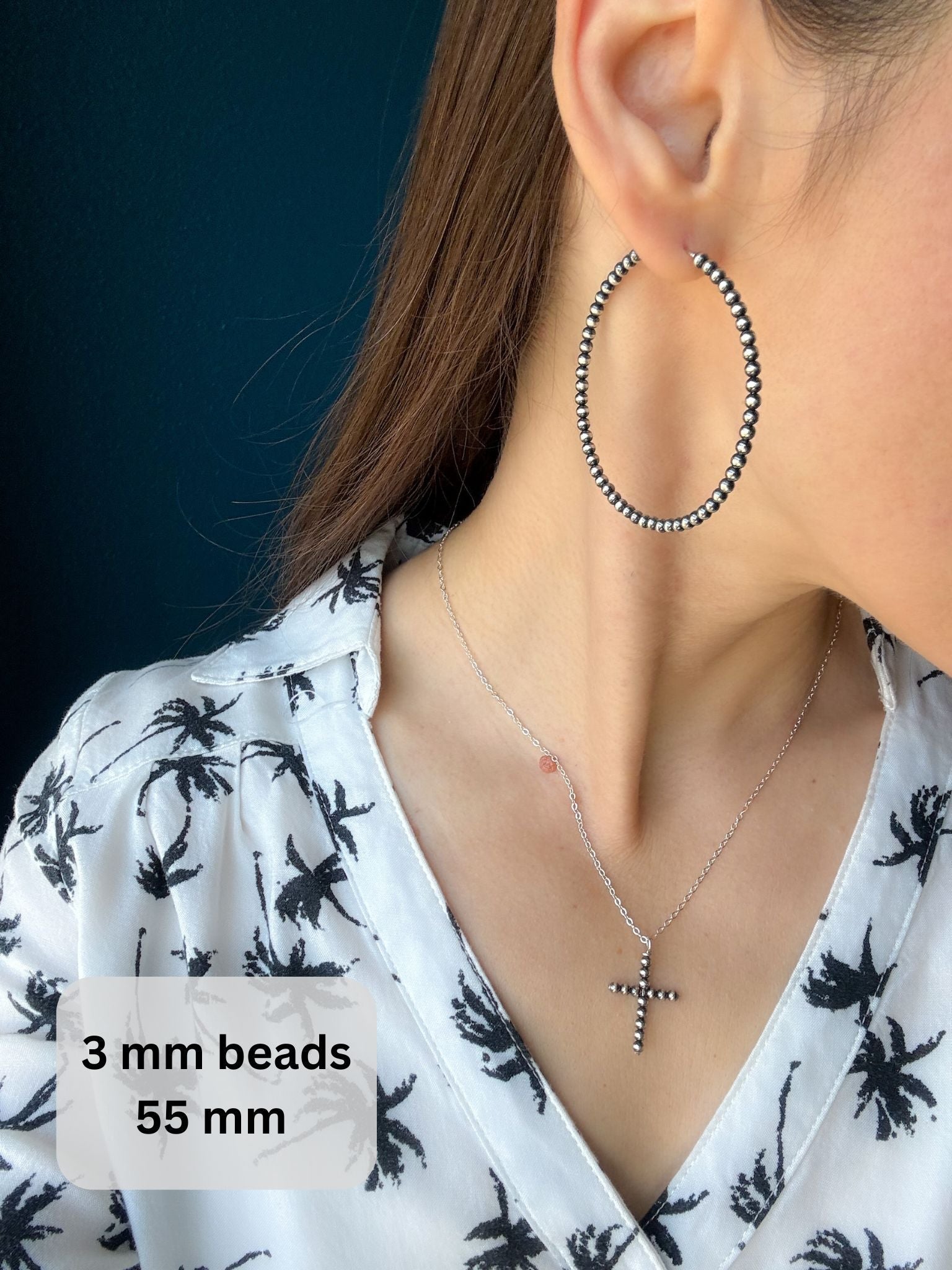 Endless Navajo Pearl Style Sterling Silver Hoop Earrings - 3mm Beads - LeSilveStone