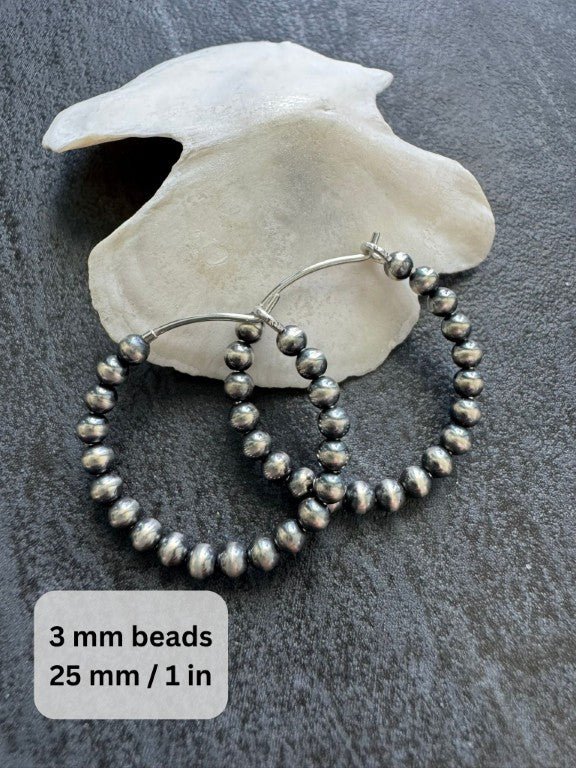 Endless Navajo Pearl Style Sterling Silver Hoop Earrings - 3mm Beads - LeSilveStone