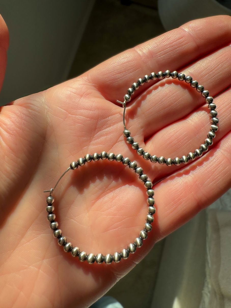 Endless Navajo Pearl Style Sterling Silver Hoop Earrings - 3mm Beads - LeSilveStone