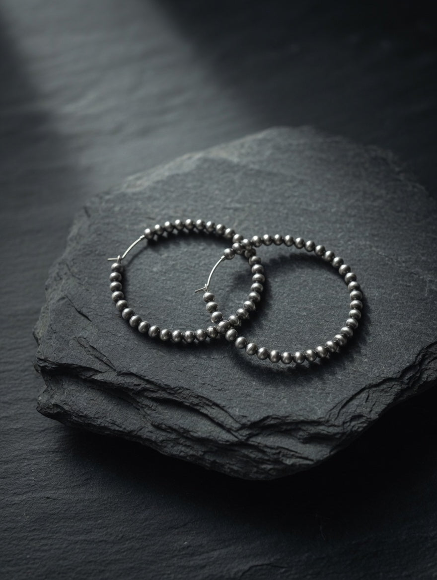Endless Navajo Pearl Style Sterling Silver Hoop Earrings - 3mm Beads - LeSilveStone