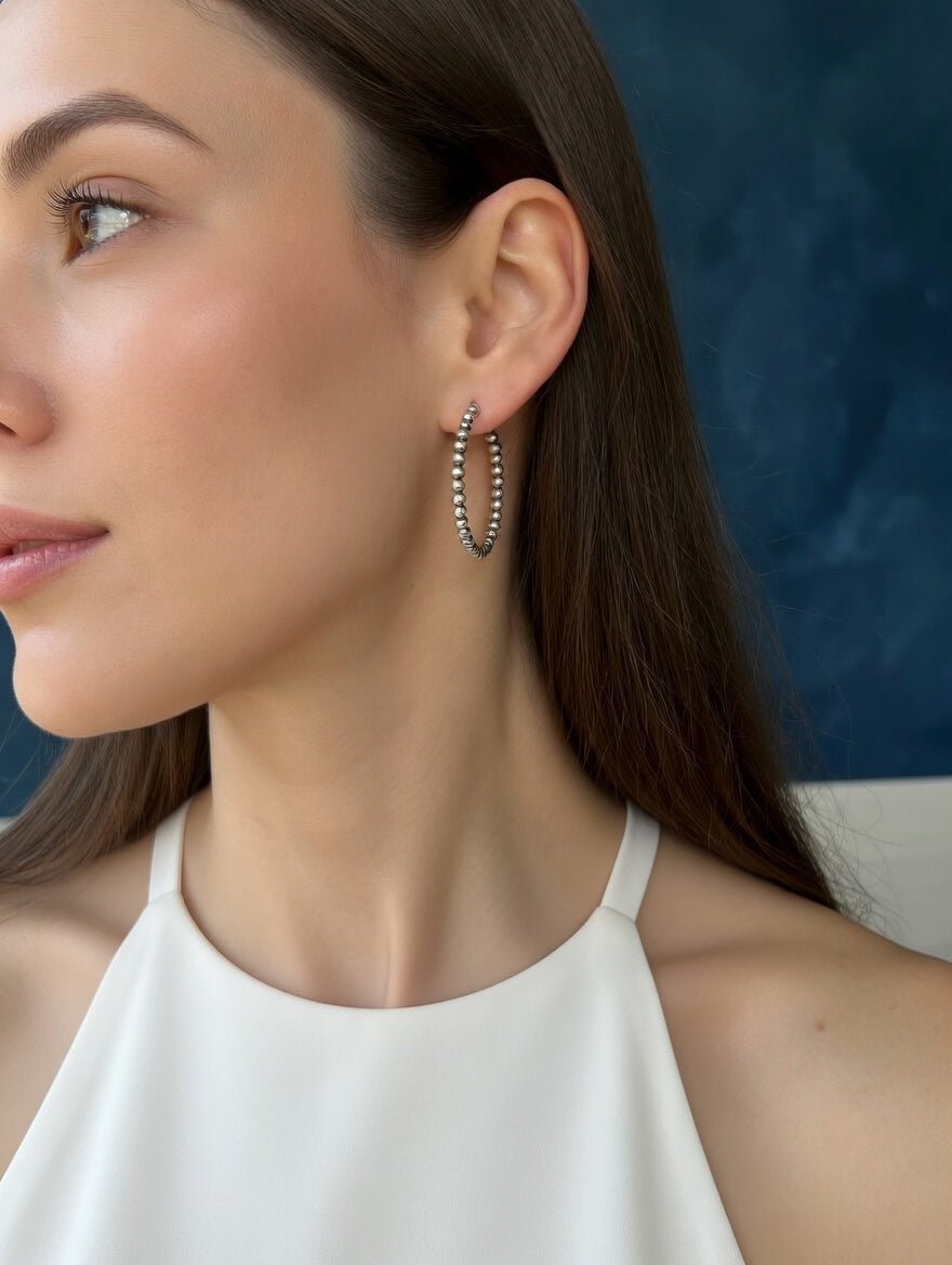 Endless Navajo Pearl Style Sterling Silver Hoop Earrings - 3mm Beads - LeSilveStone