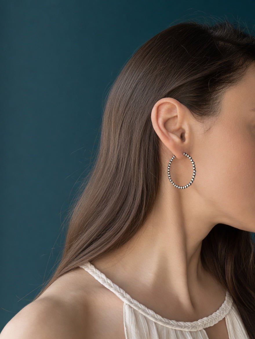 Endless Navajo Pearl Style Sterling Silver Hoop Earrings - 3mm Beads - LeSilveStone