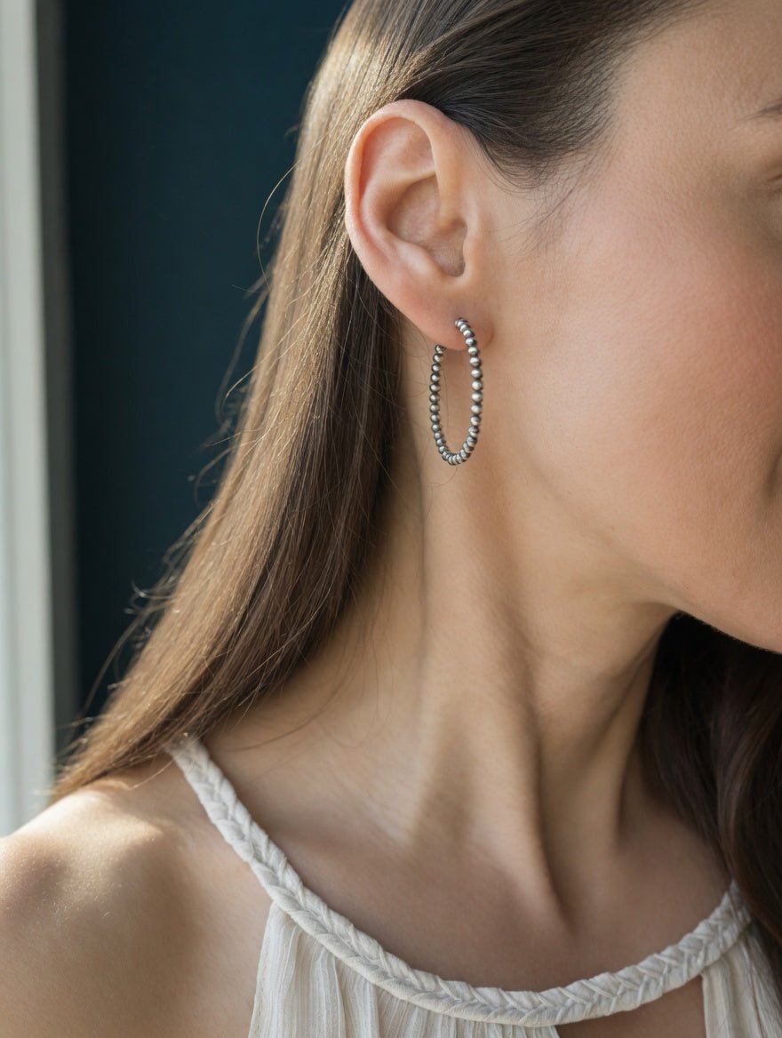 Endless Navajo Pearl Style Sterling Silver Hoop Earrings - 3mm Beads - LeSilveStone