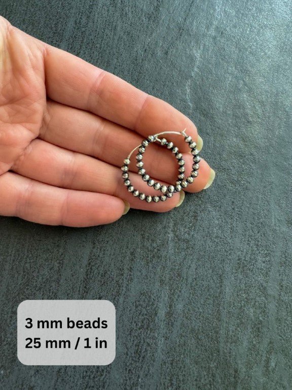 Endless Navajo Pearl Style Sterling Silver Hoop Earrings - 3mm Beads - LeSilveStone