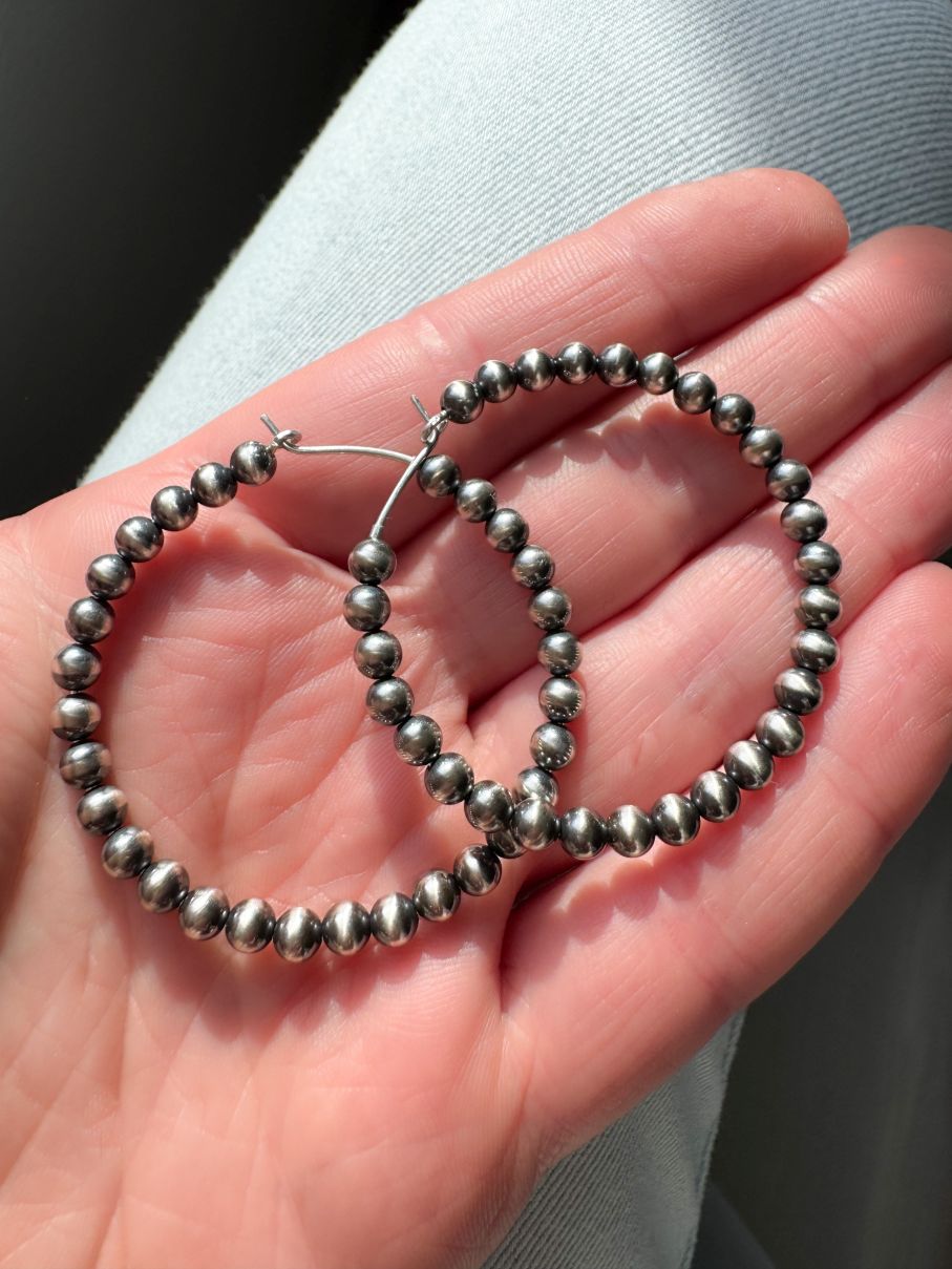 Endless Navajo Pearl Style Sterling Silver Hoop Earrings - 4mm Beads - LeSilveStone
