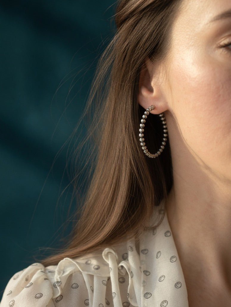 Endless Navajo Pearl Style Sterling Silver Hoop Earrings - 4mm Beads - LeSilveStone