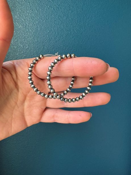Endless Navajo Pearl Style Sterling Silver Hoop Earrings - 4mm Beads - LeSilveStone