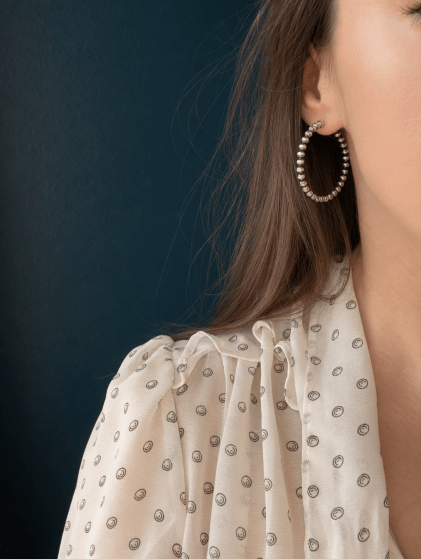 Endless Navajo Pearl Style Sterling Silver Hoop Earrings - 4mm Beads - LeSilveStone