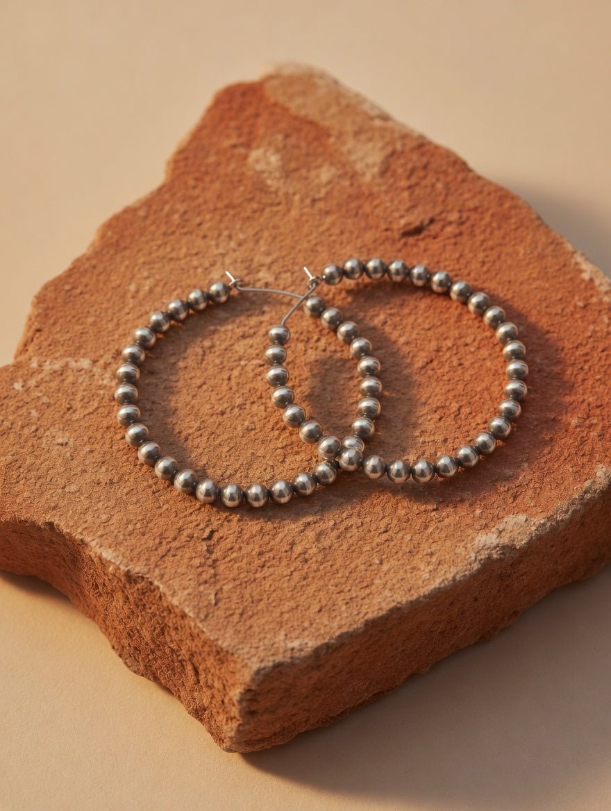 Endless Navajo Pearl Style Sterling Silver Hoop Earrings - 4mm Beads - LeSilveStone