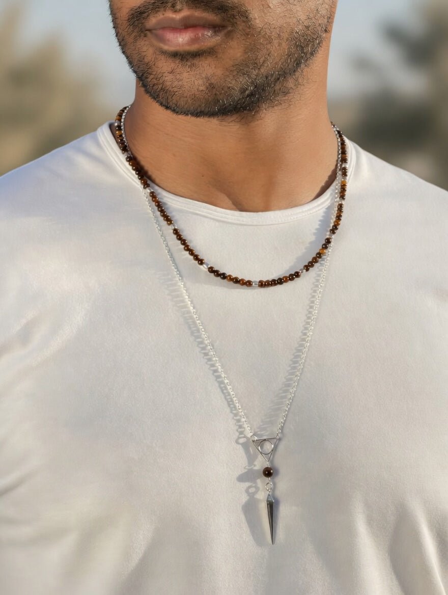 Golden Tiger Eye Men’s Beaded Necklace in Sterling Silver - LeSilveStone