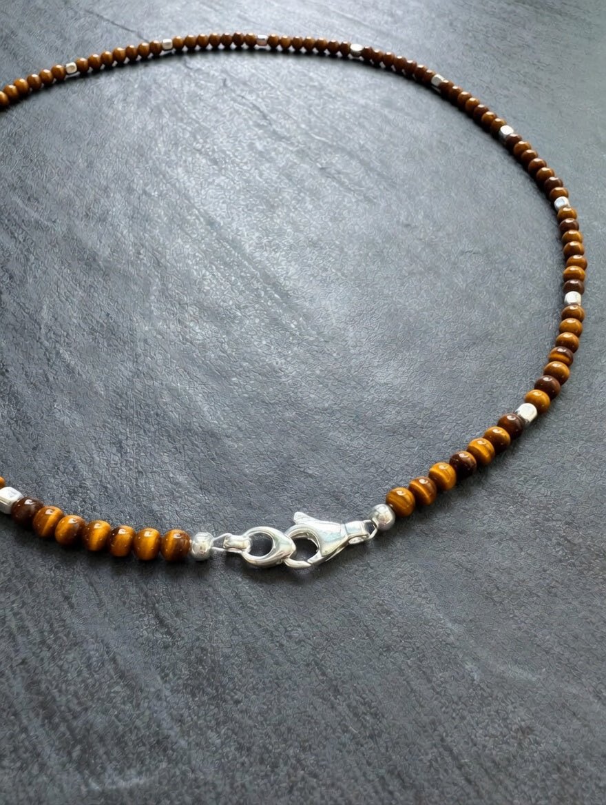 Golden Tiger Eye Men’s Beaded Necklace in Sterling Silver - LeSilveStone
