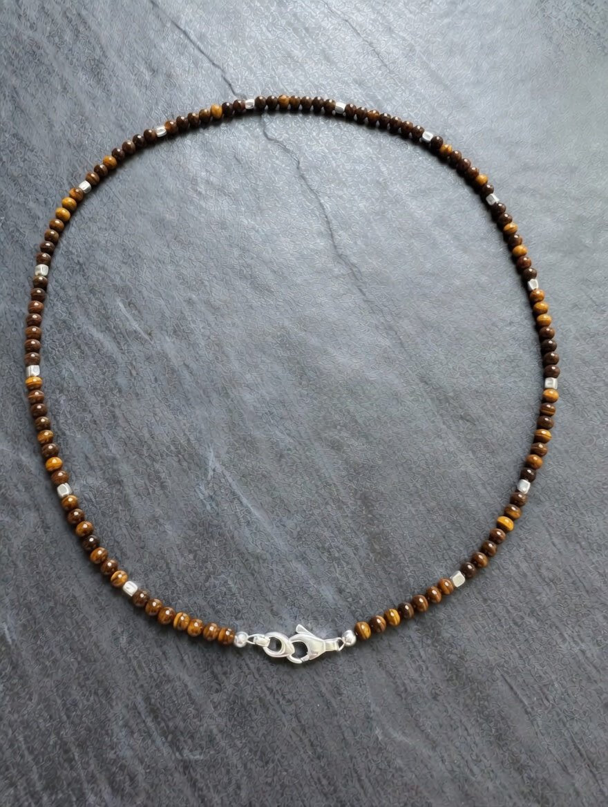Golden Tiger Eye Men’s Beaded Necklace in Sterling Silver - LeSilveStone