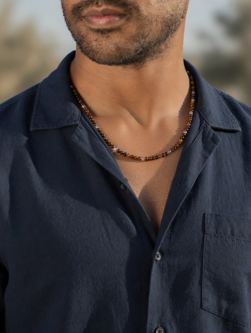 Golden Tiger Eye Men’s Beaded Necklace in Sterling Silver - LeSilveStone
