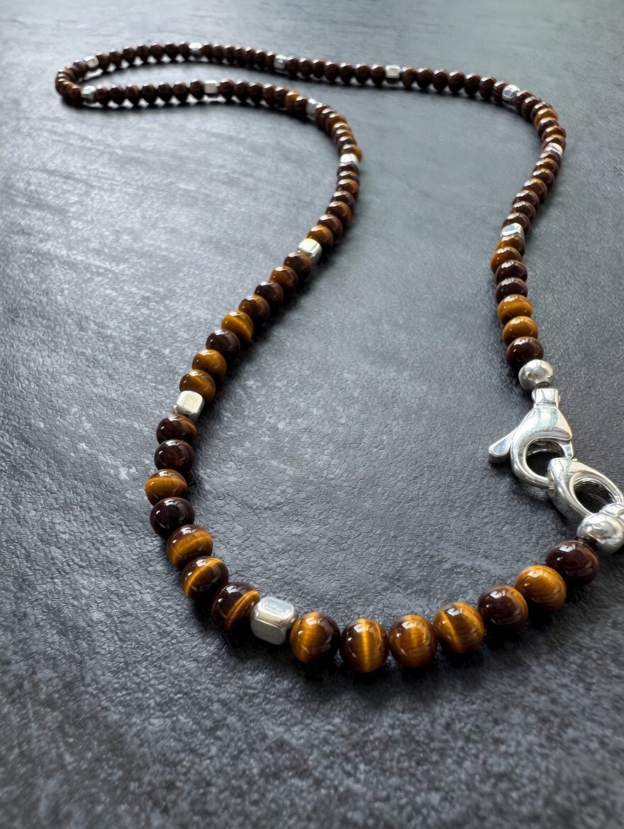 Golden Tiger Eye Men’s Beaded Necklace in Sterling Silver - LeSilveStone