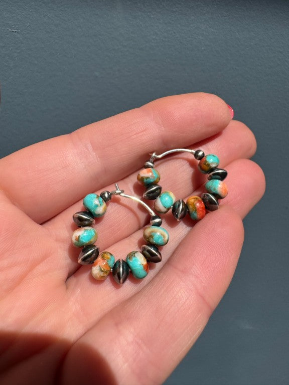 Spiny Oyster Mohave Copper Turquoise Earrings, Small Hoops