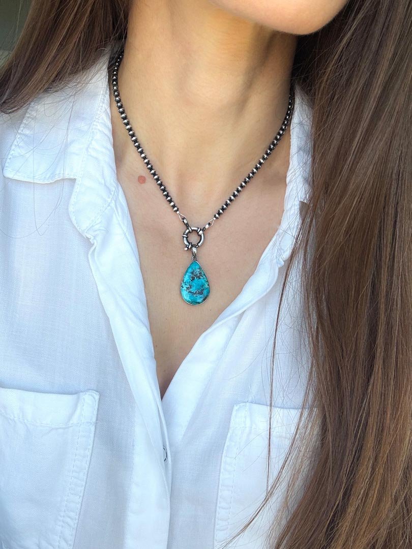 Large Teardrop Kingman Turquoise Necklace - LeSilveStone