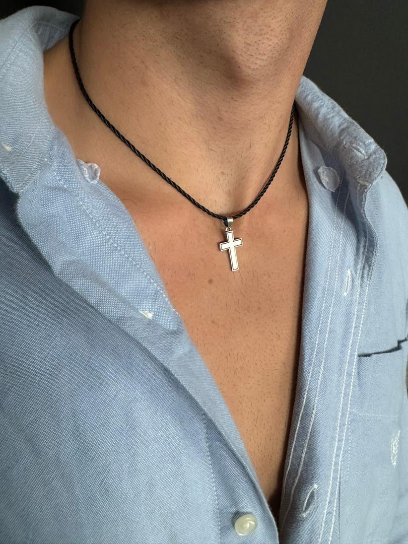 Matte Cross Sterling Silver Black Cord Necklace - LeSilveStone