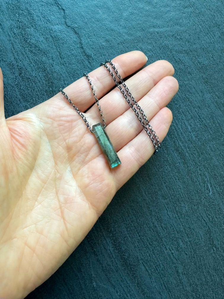 Mens Labradorite Pendant Necklace Oxidized Sterling Silver - LeSilveStone