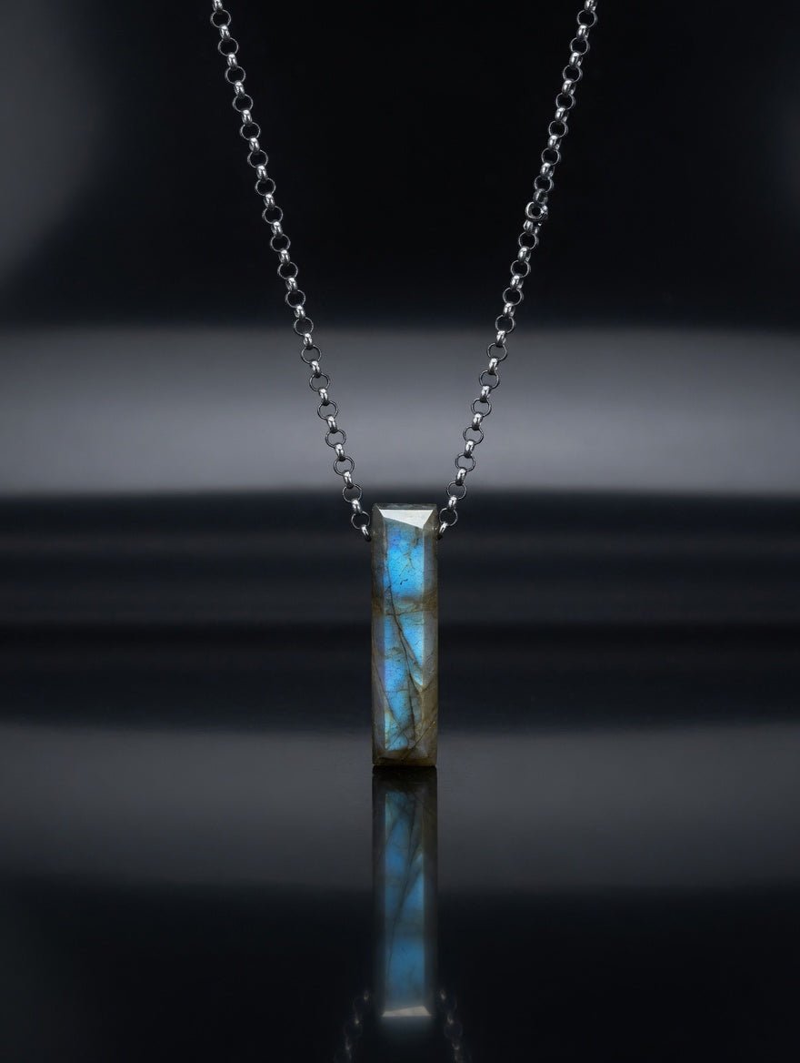 Mens Labradorite Pendant Necklace Oxidized Sterling Silver - LeSilveStone