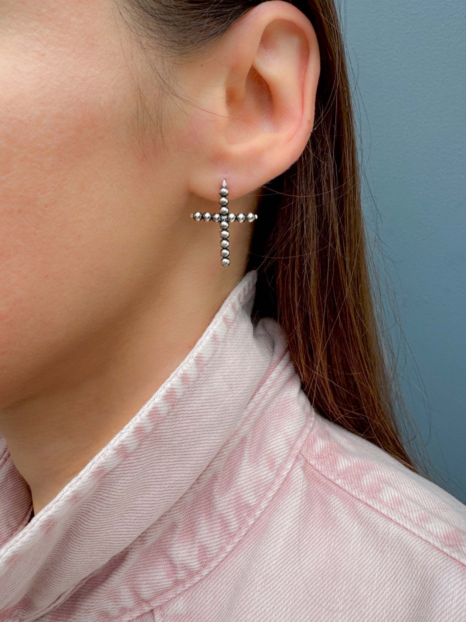 Navajo Pearl Style CROSS Threader Earrings, 30 mm - LeSilveStone