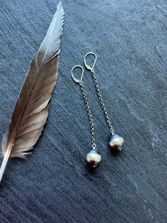 Navajo Pearl Style Long Dangle Ball Earrings, 12 mm Bead - LeSilveStone