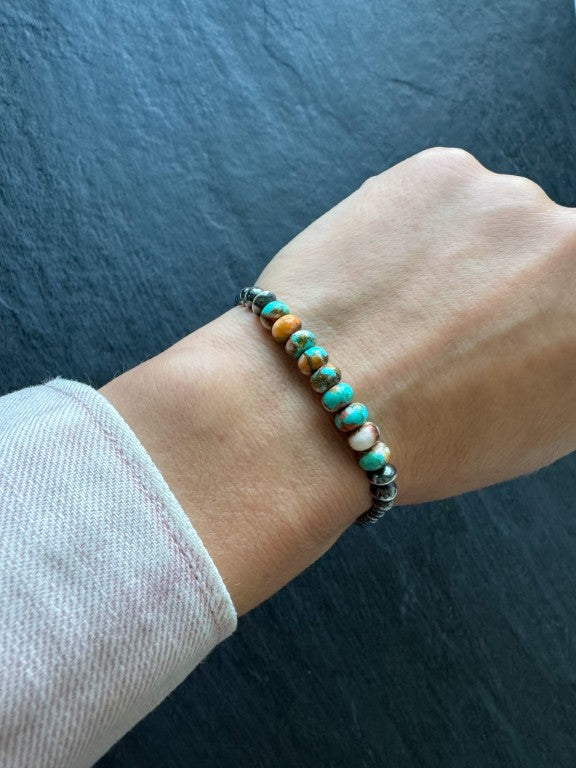 Mohave Copper Turquoise - Navajo Pearl Style Bracelet in Sterling Silver, 3 mm