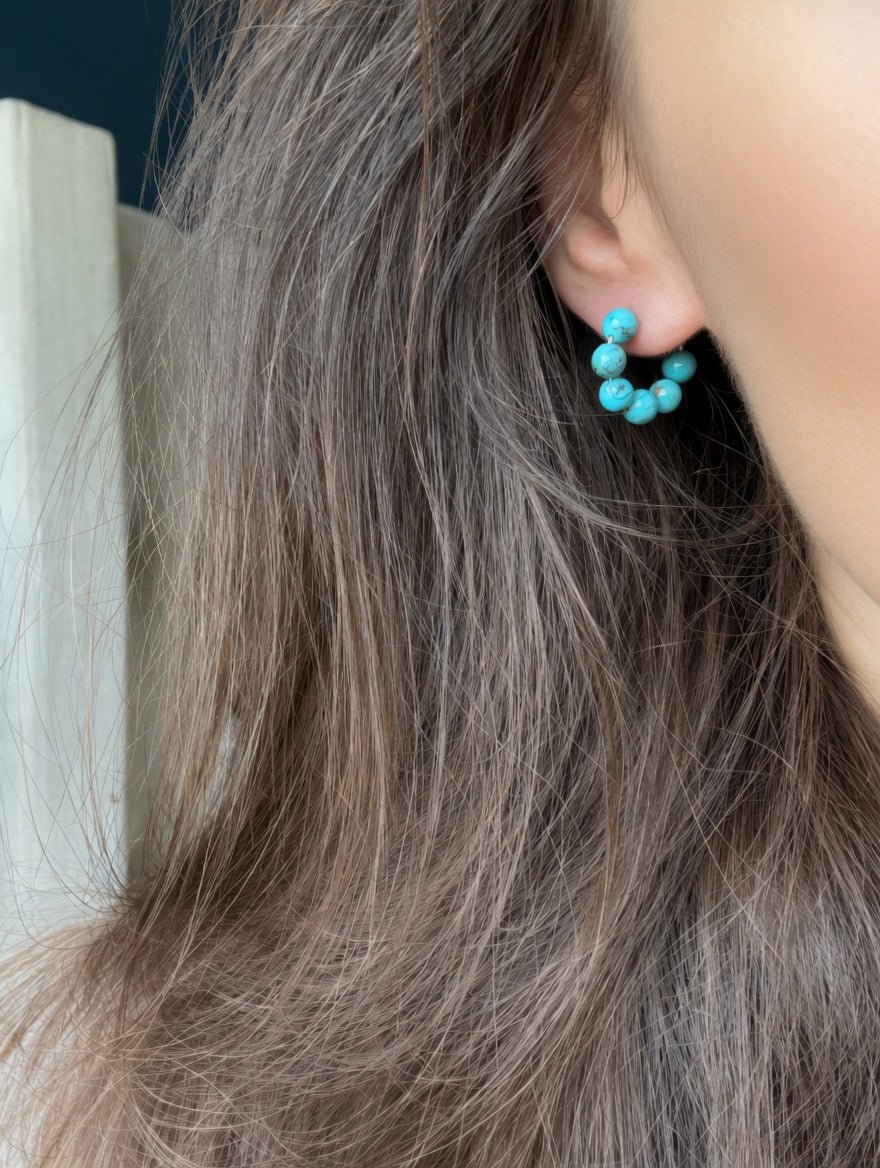 Small Chunky Turquoise Beaded Hoop Earrings, 15 - 20 mm - LeSilveStone