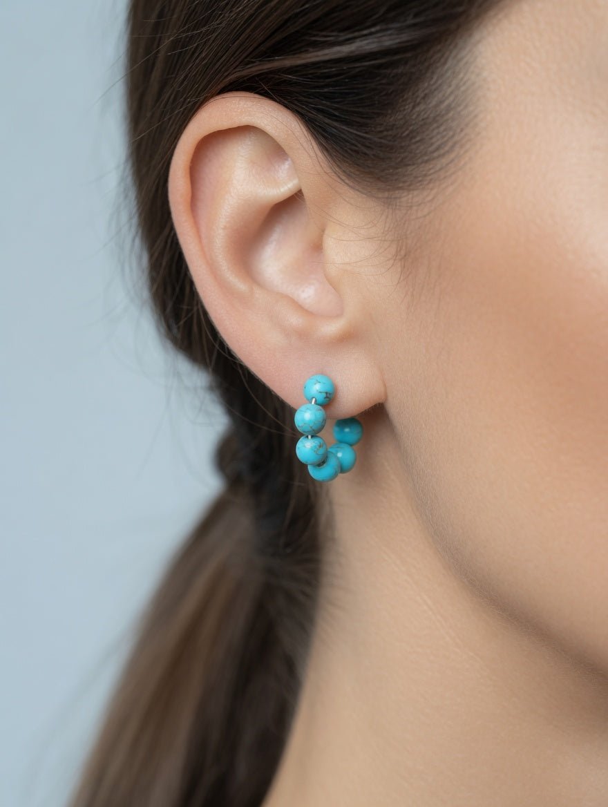 Small Chunky Turquoise Beaded Hoop Earrings, 15 - 20 mm - LeSilveStone