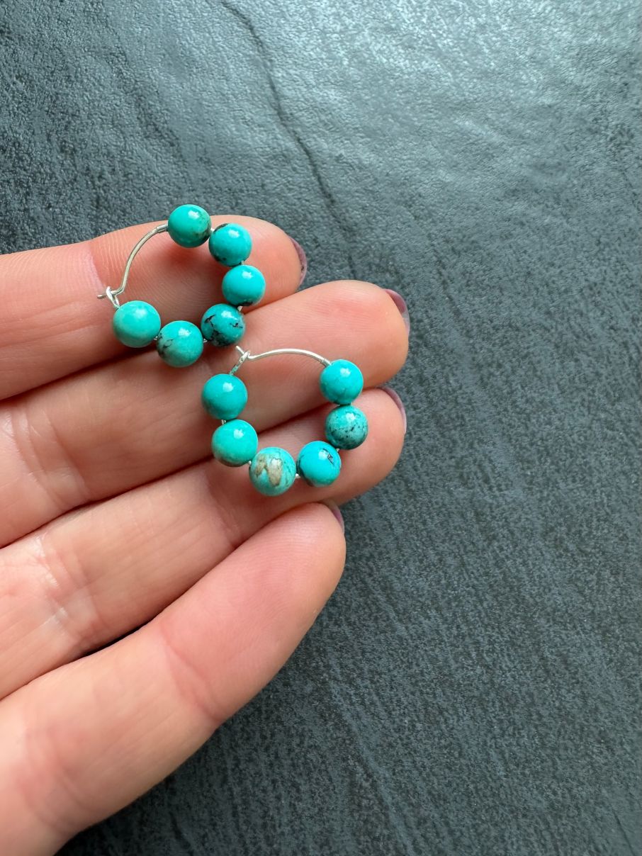 Small Chunky Turquoise Beaded Hoop Earrings, 15 - 20 mm - LeSilveStone