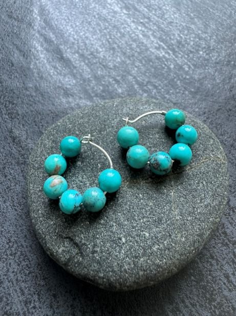 Small Chunky Turquoise Beaded Hoop Earrings, 15 - 20 mm - LeSilveStone
