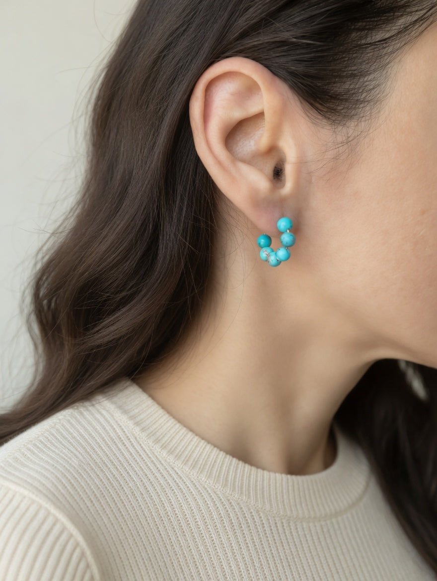 Small Chunky Turquoise Beaded Hoop Earrings, 15 - 20 mm - LeSilveStone