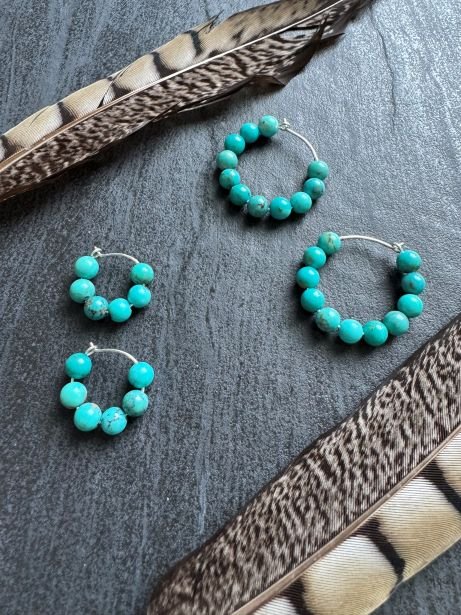Small Chunky Turquoise Beaded Hoop Earrings, 15 - 20 mm - LeSilveStone