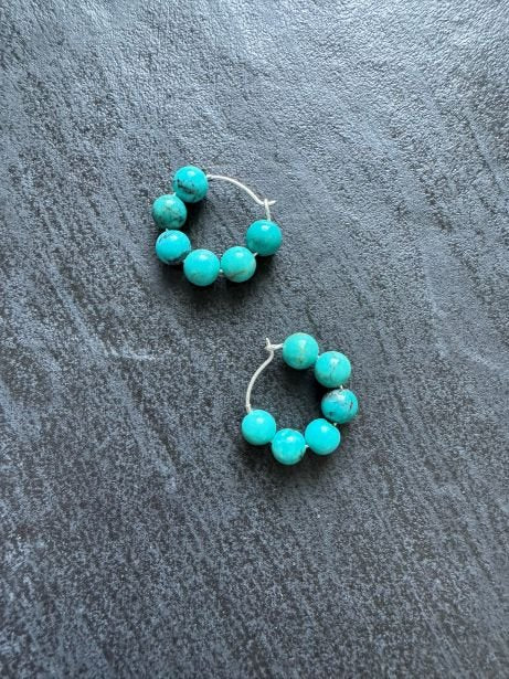Small Chunky Turquoise Beaded Hoop Earrings, 15 - 20 mm - LeSilveStone