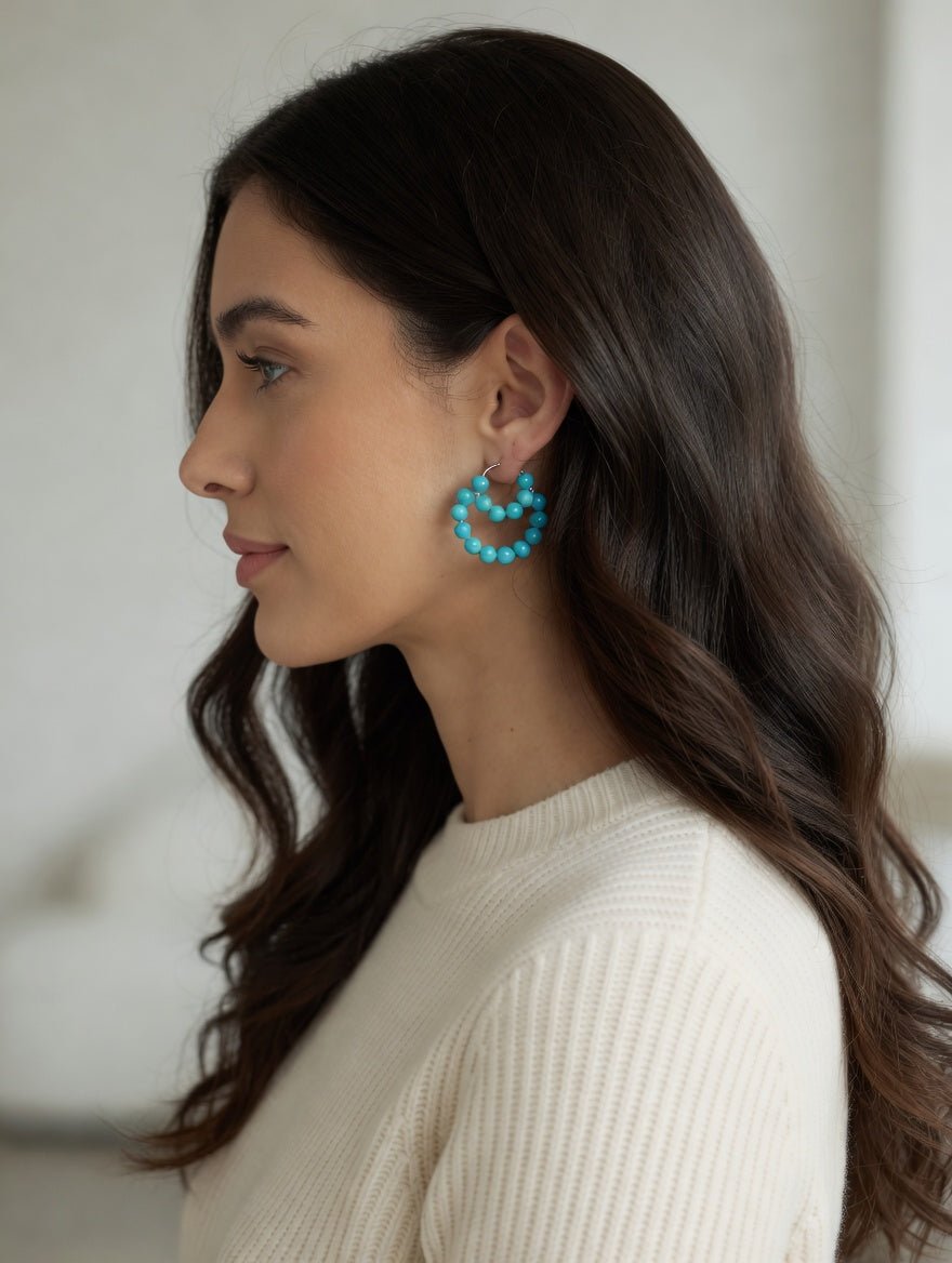 Small Chunky Turquoise Beaded Hoop Earrings, 15 - 20 mm - LeSilveStone