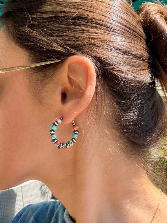 Spiny Oyster Mohave Copper Turquoise Earrings, Medium Hoops