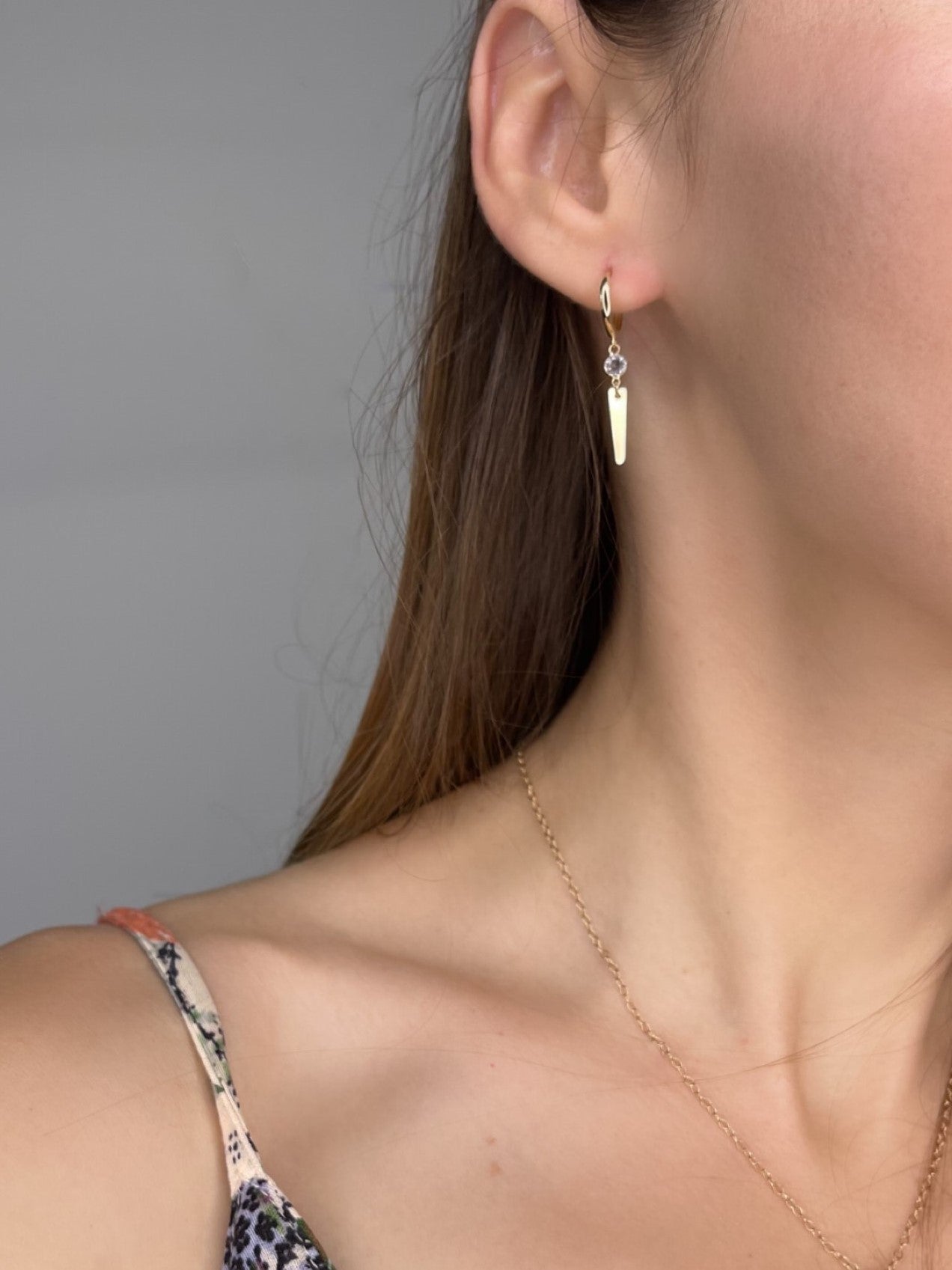 Spike Huggie Hoop Earrings with White Topaz in 14K Gold - LeSilveStone