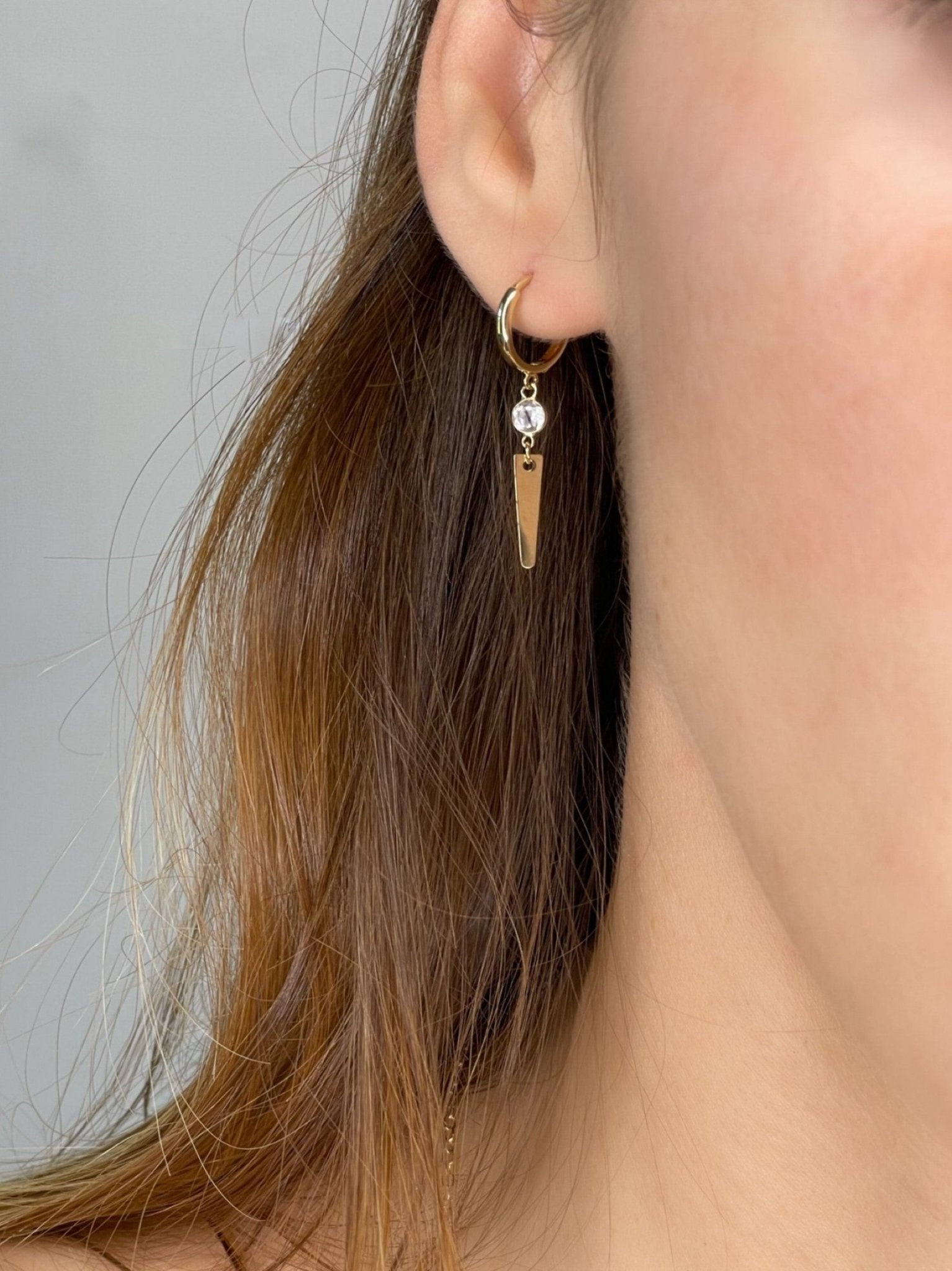 Spike Huggie Hoop Earrings with White Topaz in 14K Gold - LeSilveStone