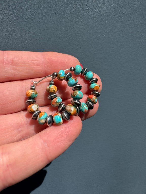 Spiny Oyster Mohave Copper Turquoise Earrings, Medium Hoops - LeSilveStone
