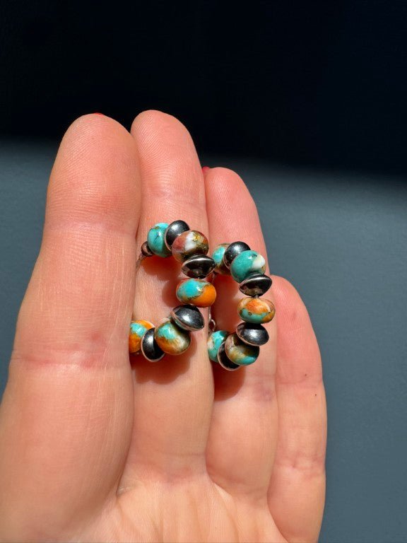 Spiny Oyster Mohave Copper Turquoise Earrings, Small Hoops - LeSilveStone