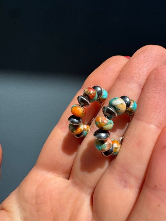Spiny Oyster Mohave Copper Turquoise Earrings, Small Hoops - LeSilveStone