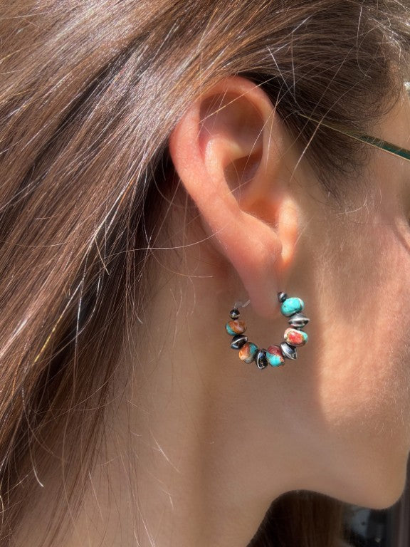 Spiny Oyster Mohave Copper Turquoise Earrings, Small Hoops