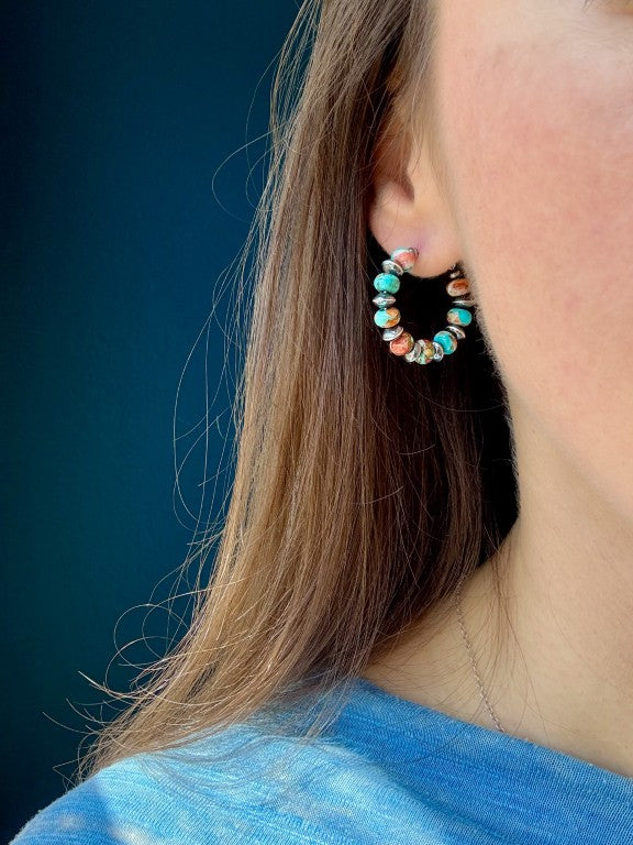 Spiny Oyster Mohave Copper Turquoise Earrings, Medium Hoops