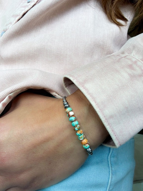 Mohave Copper Turquoise - Navajo Pearl Style Bracelet in Sterling Silver, 3 mm